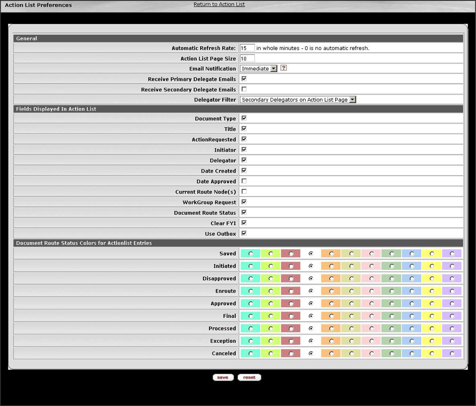 Action List Preference Page