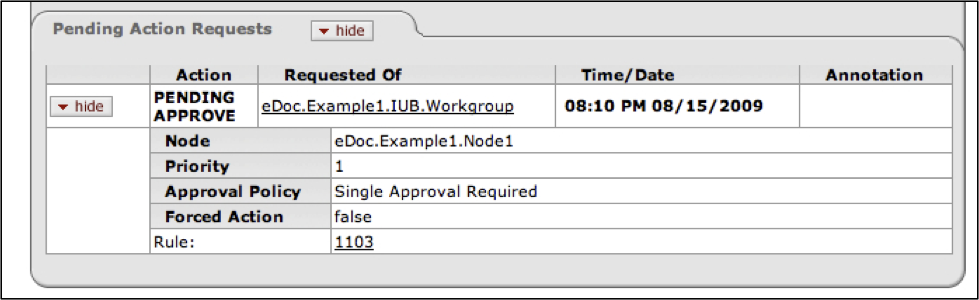 Routing Report: Route Log View, Pending Action Requests