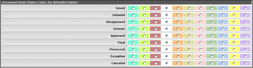 Action List Preferences: Document Route Status Colors Section