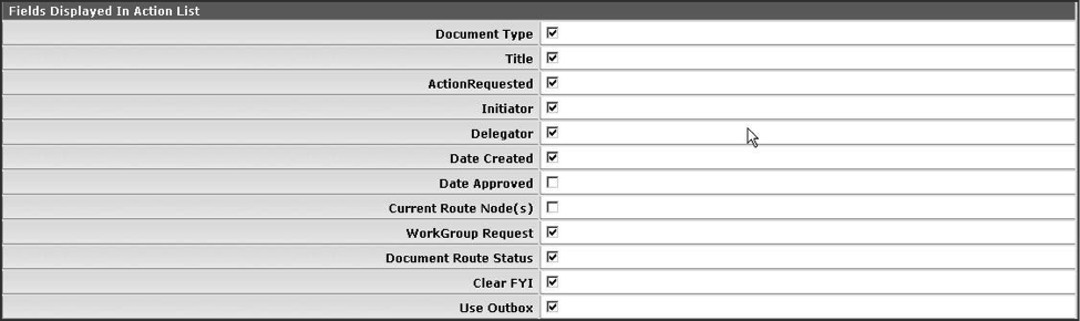 Action List Preferences: Fields Displayed section