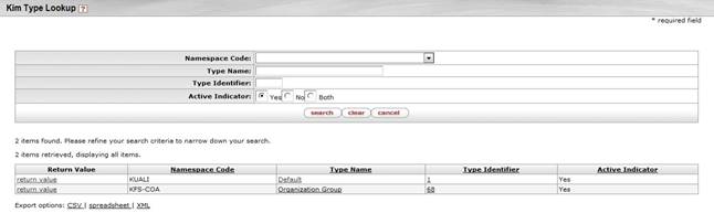 KIM Type Lookup search results