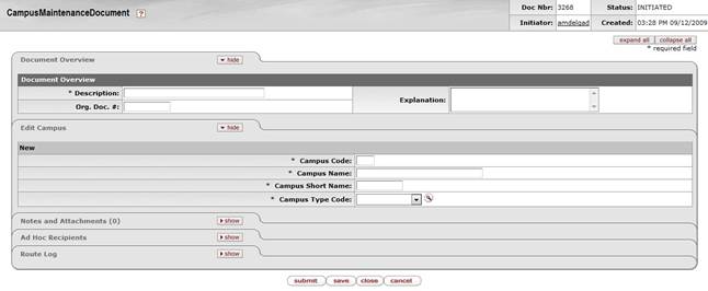 CampusMaintenancedocument, create mode