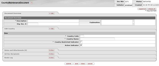 Country Maintenance document, create mode