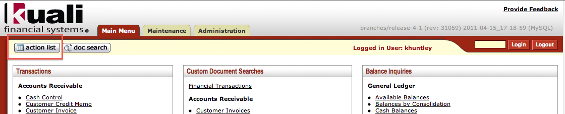 Kuali Portal: Action List Button