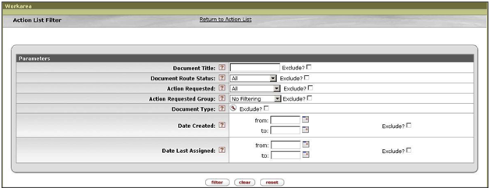 Action List Filter Page