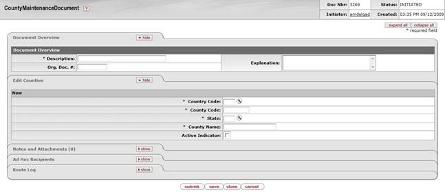 County Maintenance document, create mode