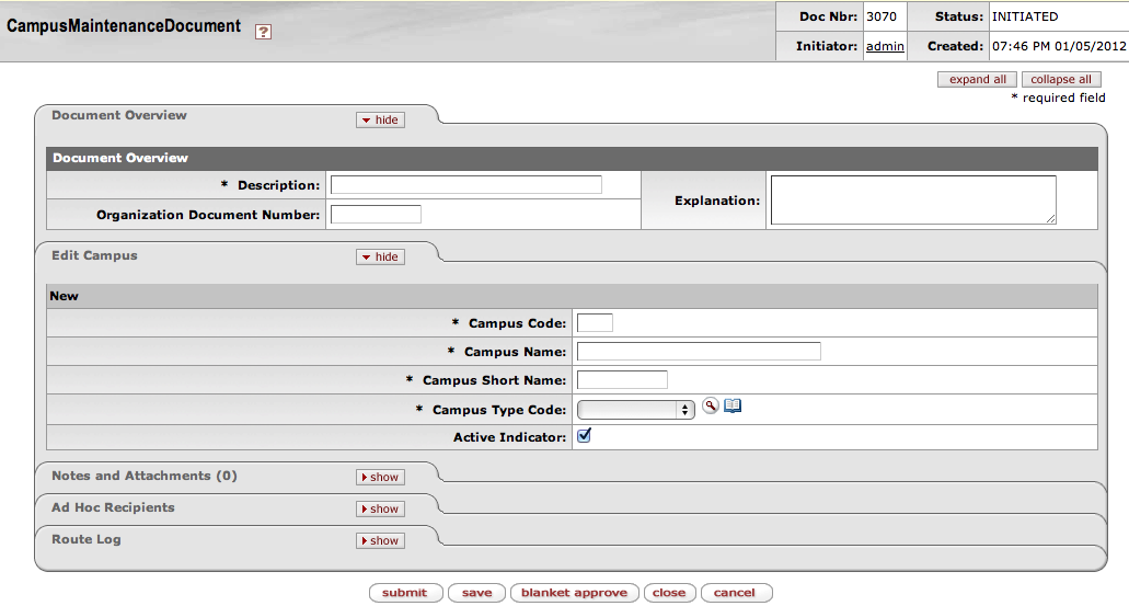 Campus Maintenance Document, create mode