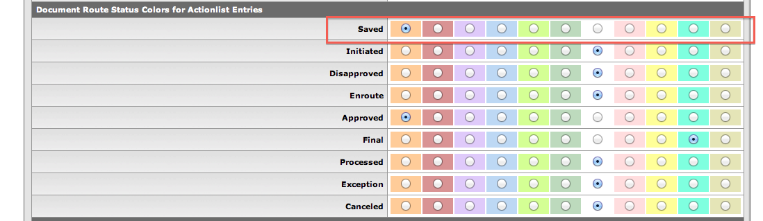 Action List Preferences: Document Route Status Colors Example