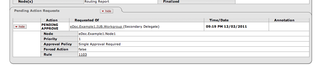 Routing Report: Route Log View, Pending Action Requests