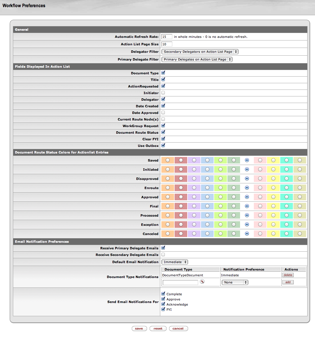 Action List Preference Page