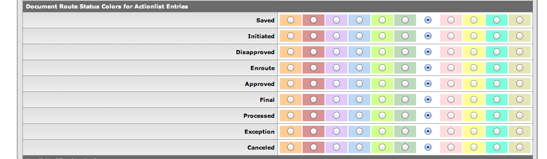 Action List Preferences: Document Route Status Colors Section