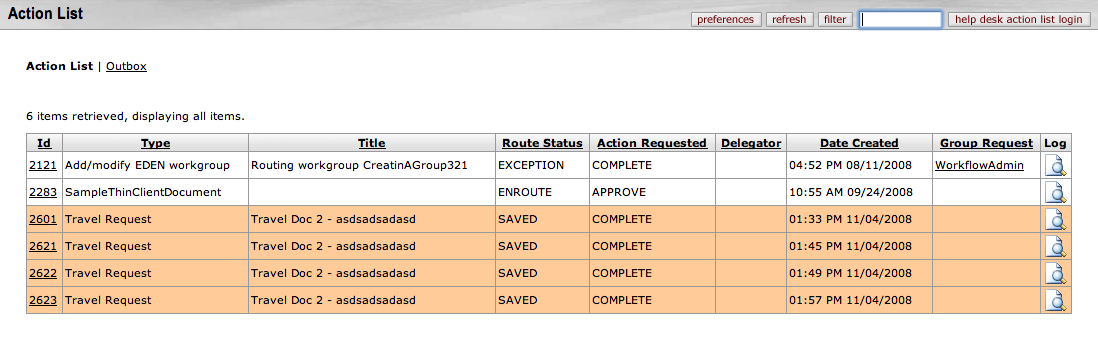 Action List Preferences: Document Route Status Colors Action List Example