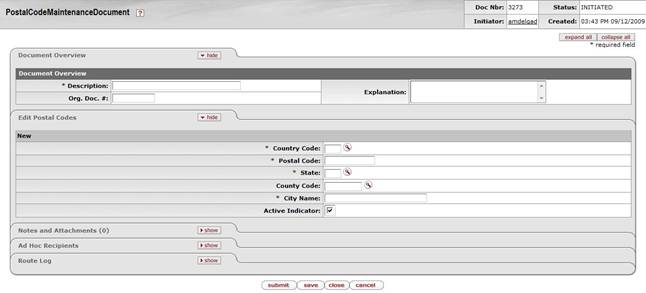 Postal Code Maintenance document, create mode