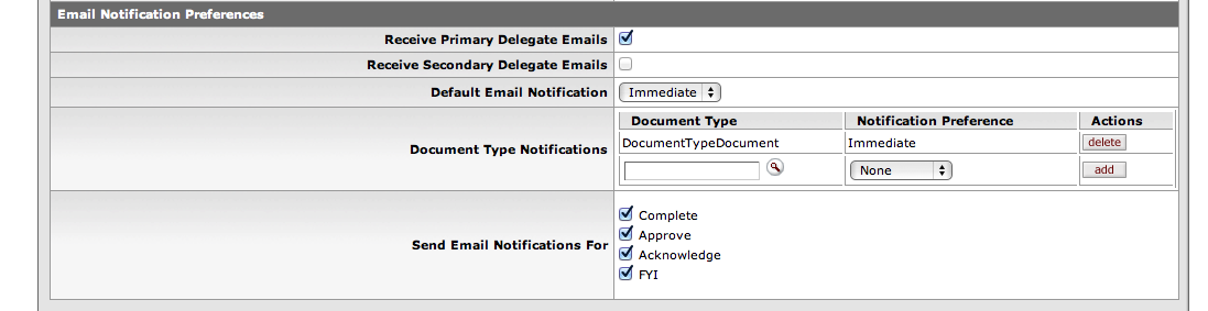 Action List Preferences: Email Notifications Preferences