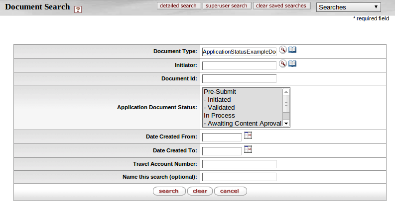 Document Search Screen: Application Document Status Example