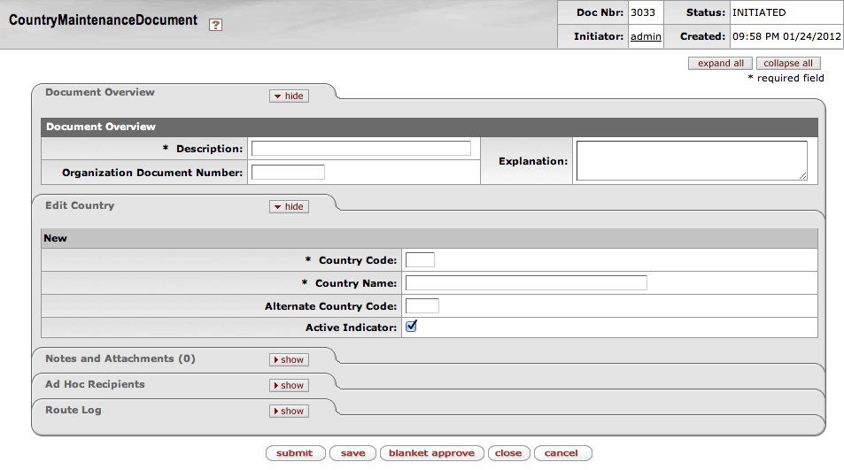 Country Maintenance document, create mode