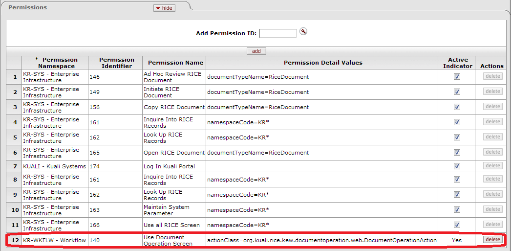 Role Maintenance Document: Permissions Tab, Add Permissions