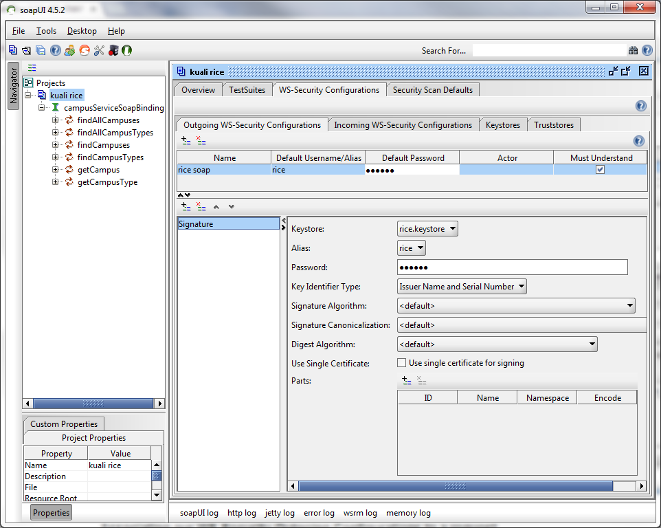 Identify rice.keystore to the SoapUI project
