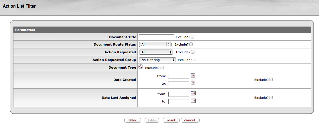 Action List Filter Page