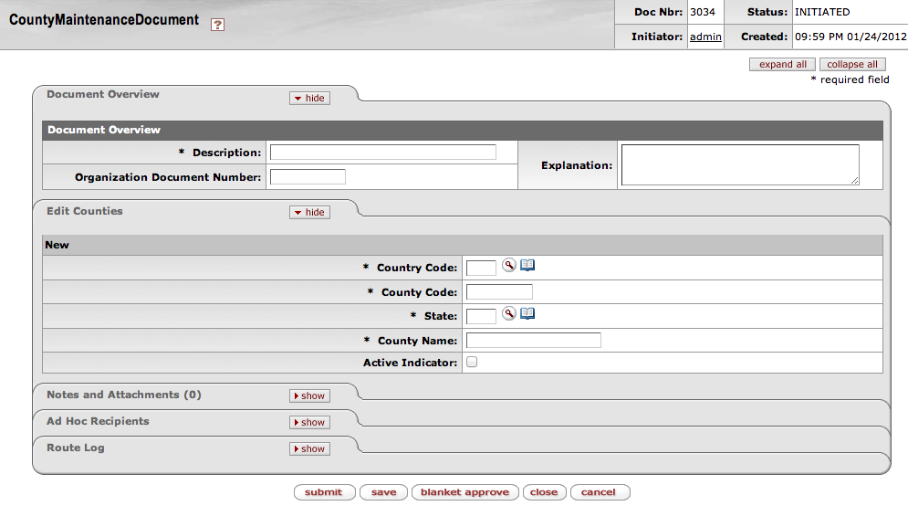 County Maintenance document, create mode