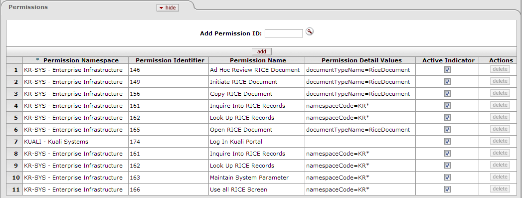 Role Maintenance Document: Permissions Tab