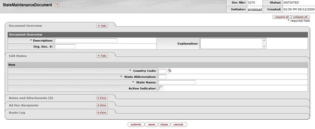 State Maintenance document, create mode