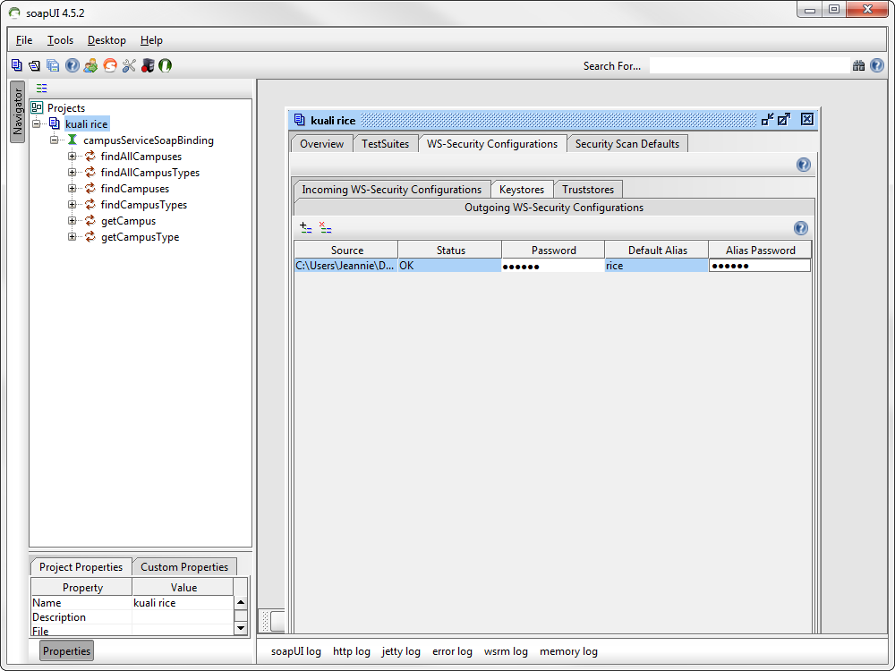 Identify rice.keystore to the SoapUI project