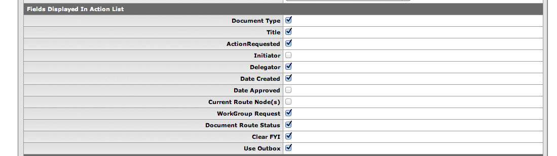 Action List Preferences: Fields Displayed section